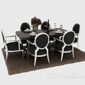 שולחן אוכל שחור עם כסאות ושטיח דגם תלת מימד