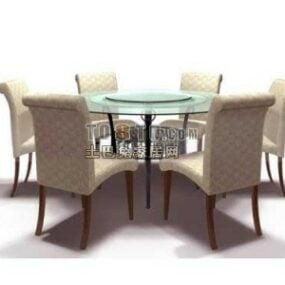 Pyöreä lasinen ruokapöytä pehmustetulla tuolilla 3d-malli