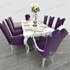 ヨーロッパのダイニングテーブルと紫色の椅子