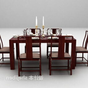 طاولة طعام وكرسي من الخشب الأحمر نموذج ثلاثي الأبعاد