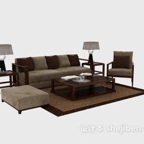 Καφέ Καναπές Τριών Καθισμάτων με Μαξιλάρια 3d μοντέλο