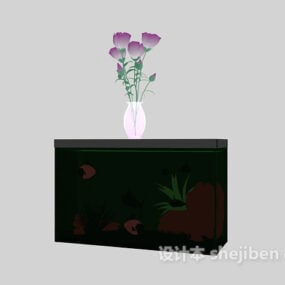 Black Wood Side Cabinet With Flower Pot 3d model
