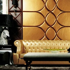 Sofá tufado com parede de fundo dourado Modelo 3D