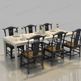 Solid Wood Six Person Dining Table Chair 3d model