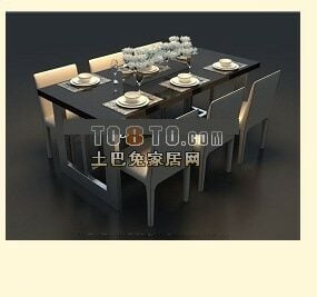 Dining Table Black Top With Utensil 3d model