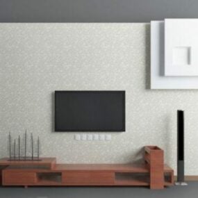 Tv Wall With Red Wood Cabinet 3d model