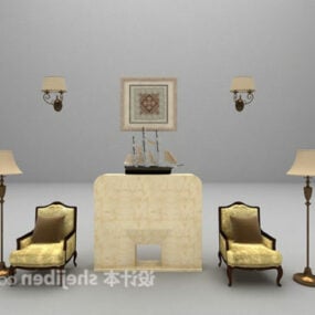 Stone Fireplace With Chairs Set 3d model