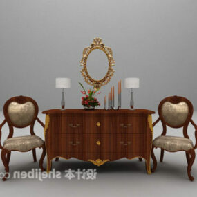 Wood Antique Entrance Cabinet With Chairs 3d model