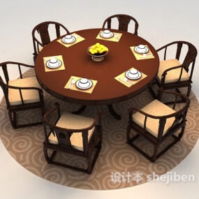 Modelo 3d de cadeira redonda de mesa de jantar de madeira