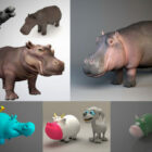 Colección de modelos 10D de 3 animales hipopótamos