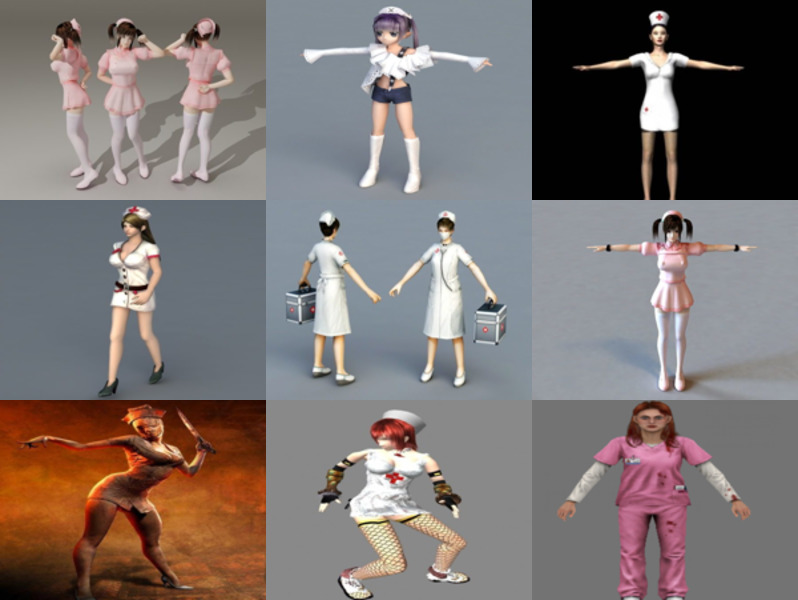 9 kolekcji postaci modeli 3D pielęgniarki piękności