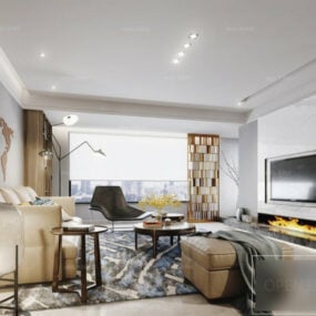 نموذج مشهد داخلي لغرفة المعيشة باللون الأبيض الحديث ثلاثي الأبعاد