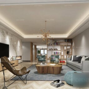 Modello 3d della scena interna del soggiorno con pavimento in legno