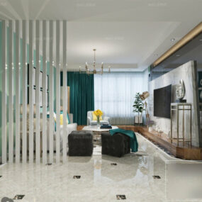 Modelo 3D da cena interior da sala de estar com parede verde