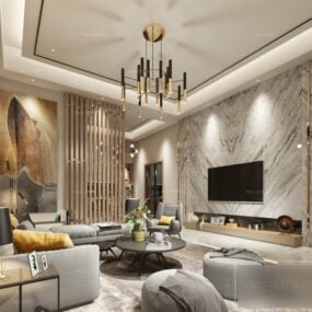 Modelo 3d de cena interior moderna de sala de estar com acabamento em mármore