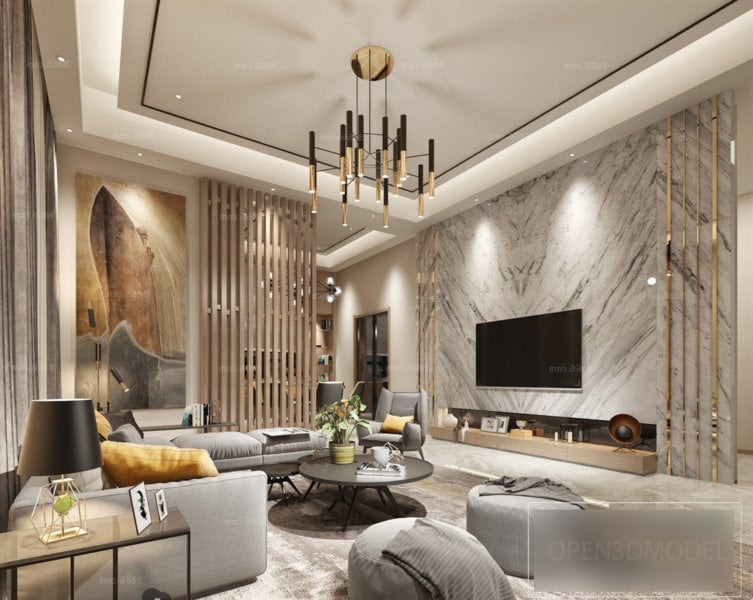 Marble Finished Living Room Modern Interior Scene