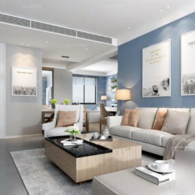 Scène d'intérieur de salon de mur bleu d'appartement modèle 3D