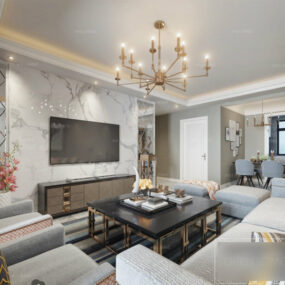 Modern Living Room Interior Scene With Chandelier 3d model