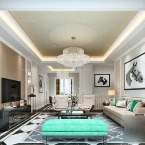 Big Chandelier Modern Living Room Interior Scene 3d model