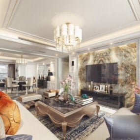 Modelo 3D de cena interior de casa luxuosa com espaço de convivência