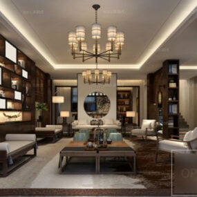 Escena interior de sala de estar de casa china elegante modelo 3d