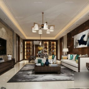 Escena interior de sala de estar grande de casa asiática modelo 3d