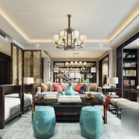 Scena interna del lussuoso soggiorno domestico cinese modello 3d