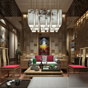 Luxury Chinese Wooden Wooden Living Room Interior Scene 3d model