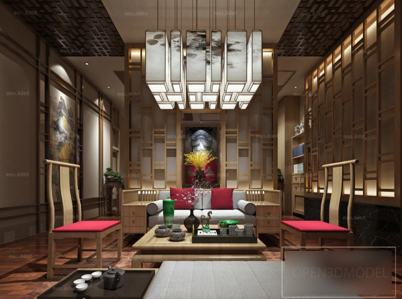 Scena wnętrza luksusowego chińskiego drewnianego salonu