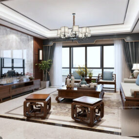 中国の家具のリビング ルームのインテリア シーン 3D モデル