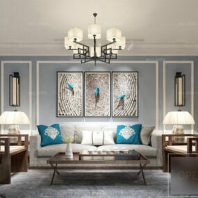 Sala de estar de estilo moderno con escena interior de pintura modelo 3d