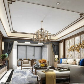 Escena interior de sala de estar de estilo lujoso chino modelo 3d