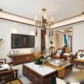 غرفة المعيشة الصينية مع الأثاث الخشبي نموذج المشهد الداخلي ثلاثي الأبعاد