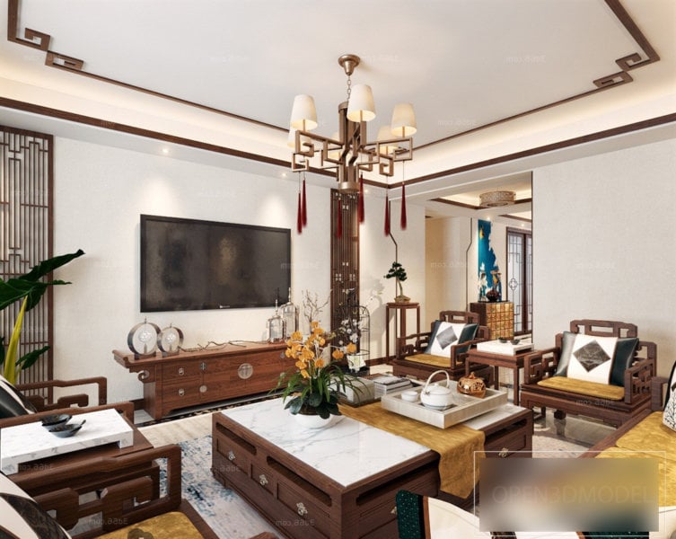 غرفة المعيشة الصينية مع المشهد الداخلي للأثاث الخشبي