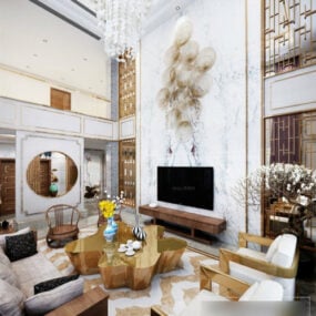 Modelo 3D da cena interior da sala de estar duplex com parede de mármore