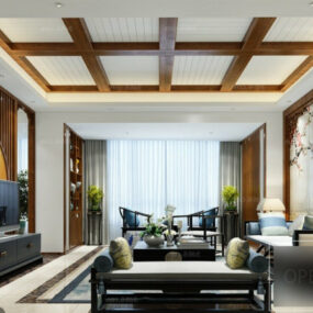 Techo con marco de madera de la escena interior de la sala de estar modelo 3d