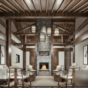 Loft Living Room With Fireplace Interior Scene 3d model