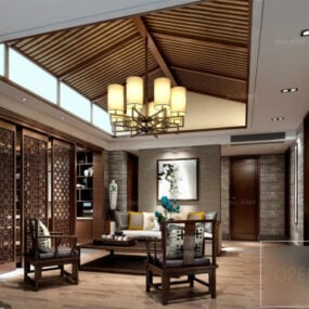 Chinese Loft House Tea Room Interior Scene 3d model