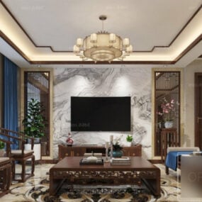 Escena interior de sala de estar retro de estilo chino modelo 3d
