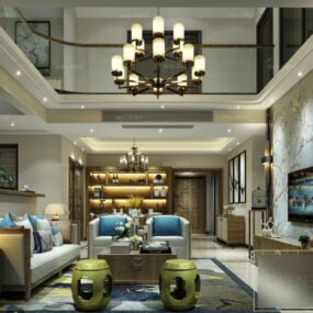 Bílý duplexní 3D model scény interiéru obývacího pokoje