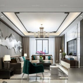 غرفة المعيشة البيضاء على الطراز الصيني نموذج المشهد الداخلي ثلاثي الأبعاد