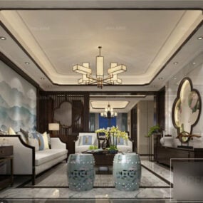 Retro kinesiskt vardagsrum interiör scen 3d-modell
