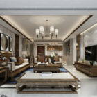 Retro Chinese Wooden Marble Living Room Interior Scene