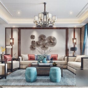 Mid Century Chinese Living Room Interior Scene 3d model