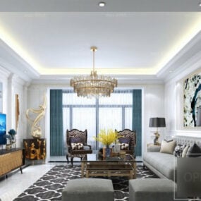Modello 3d in stile americano con scena interna del soggiorno bianco