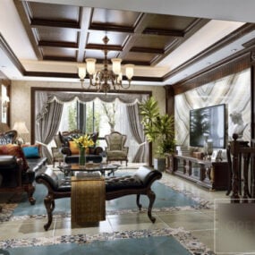 Cảnh nội thất chất lượng cao của mô hình 3d thiết kế phòng khách cổ