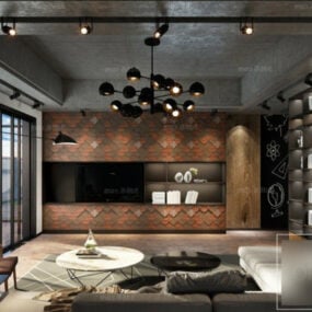 غرفة المعيشة ذات المشهد الداخلي مع نموذج ثلاثي الأبعاد بتصميم معاصر