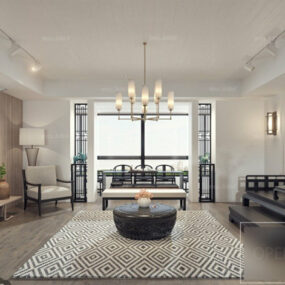 Escena interior de sala de estar minimalista estilo chino modelo 3d