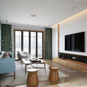 आधुनिक लिविंग रूम लकड़ी का फर्श आंतरिक दृश्य 3डी मॉडल