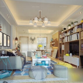 Living Room With Bookcase Interior Scene 3d model